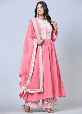 Pink Embroidered Faux Georgette Semi-stiched Salwar Suit