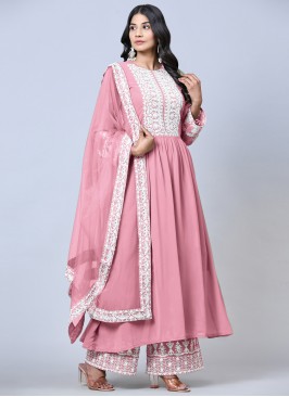 Pink Embroidered Faux Georgette Semi-stiched Salwar Suit