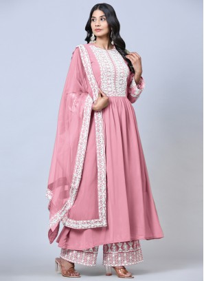 Pink Embroidered Faux Georgette Semi-stiched Salwar Suit