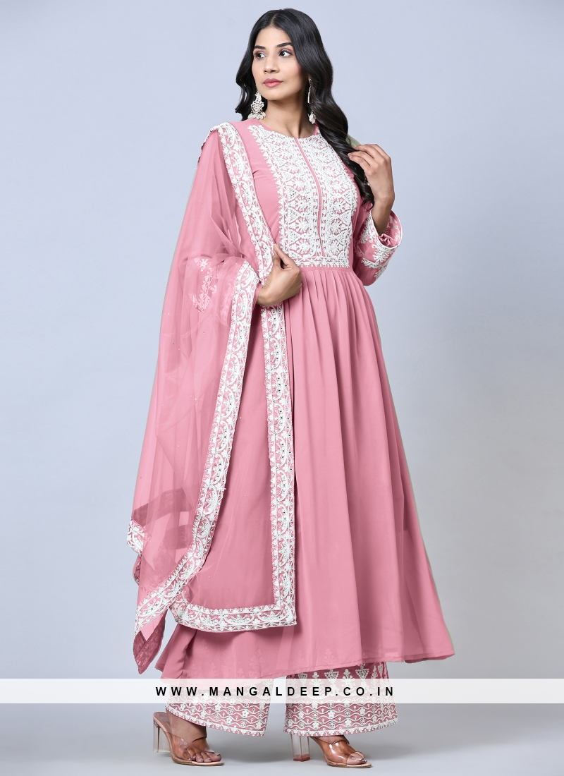 Delightful Pink Gota Patti Embroidered Georgette Semi Stitch