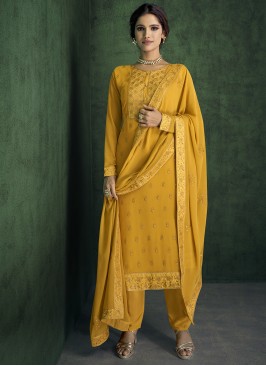 Yellow Embroidered Festival Designer Straight Suit