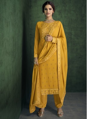 Yellow Embroidered Festival Designer Straight Suit