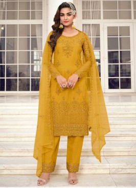 Yellow Embroidered Net Straight Salwar Suit