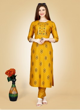 Yellow Embroidered Rayon Casual Kurti