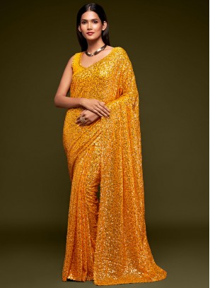 Yellow Faux Georgette Sequins Trendy Saree