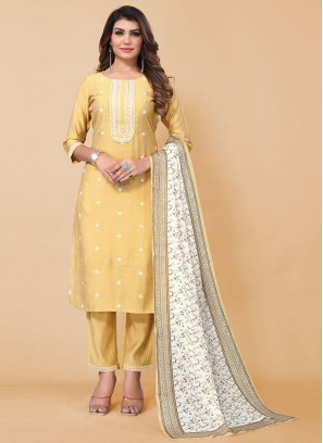 Yellow Festival Poly Silk Pant Style Suit