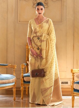 Yellow Handloom silk Mehndi Contemporary Saree