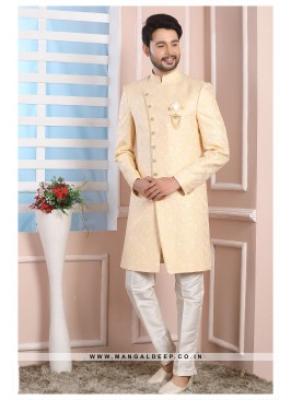 Yellow Jacquard Silk Wedding Wear Indo Western Sherwani