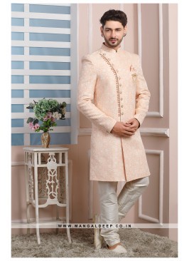 Peach Jacquard Silk Wedding Wear Indo Western Sherwani