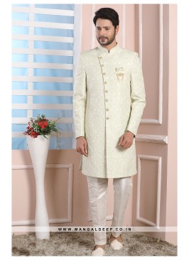 Pista Jacquard Silk Wedding Wear Indo Western Sherwani