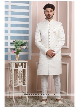 Cream Jacquard Silk Wedding Wear Indo Western Sherwani