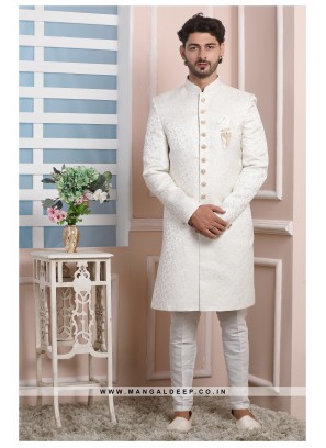 Cream Jacquard Silk Wedding Wear Indo Western Sherwani