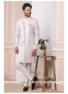 Onion Pink Jacquard Silk Wedding Wear Indo Western Sherwani