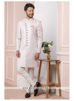 Onion Pink Jacquard Silk Wedding Wear Indo Western Sherwani