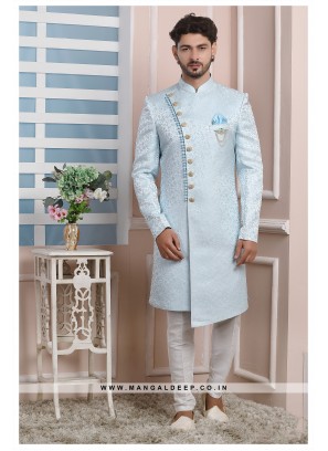 Sky Blue Jacquard Silk Wedding Wear Indo Western Sherwani