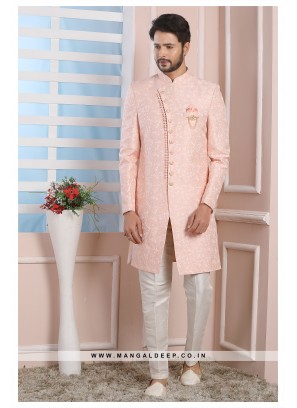Pink Jacquard Silk Wedding Wear Indo Western Sherwani