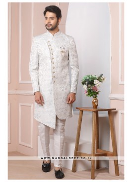 Off White & Grey Jacquard Silk Wedding Wear Indo Western Sherwani