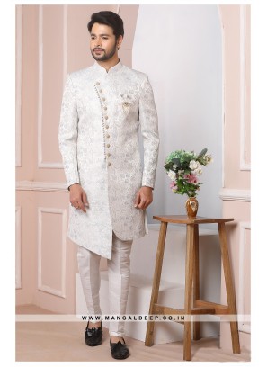Off White & Grey Jacquard Silk Wedding Wear Indo Western Sherwani