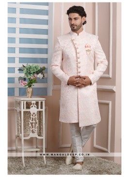 Pink Jacquard Silk Wedding Wear Indo Western Sherwani