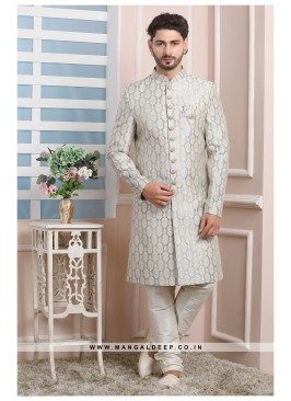 Grey Jacquard Silk Wedding Wear Indo Western Sherwani