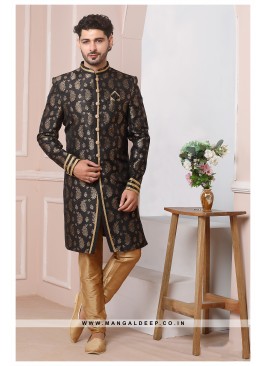 Black Jacquard Silk Wedding Wear Indo Western Sherwani