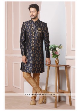 Blue Jacquard Silk Wedding Wear Indo Western Sherwani