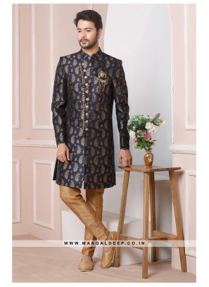 Blue Jacquard Silk Wedding Wear Indo Western Sherwani