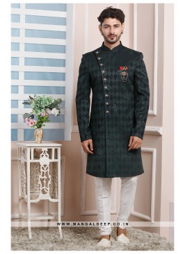 Green Velvet Jacquard Silk Wedding Wear Indo Western Sherwani