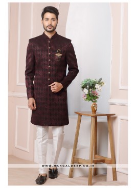 Maroon Velvet Jacquard Silk Wedding Wear Indo West