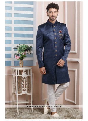 Blue Jacquard Silk Wedding Wear Indo Western Sherwani