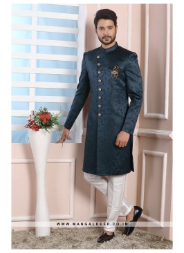 Teal Green Jacquard Silk Wedding Wear Indo Western Sherwani