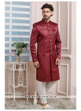 Maroon Jacquard Silk Wedding Wear Indo Western Sherwani