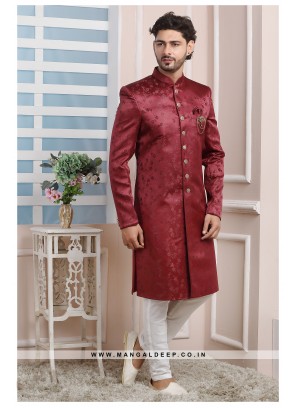 Maroon Jacquard Silk Wedding Wear Indo Western Sherwani