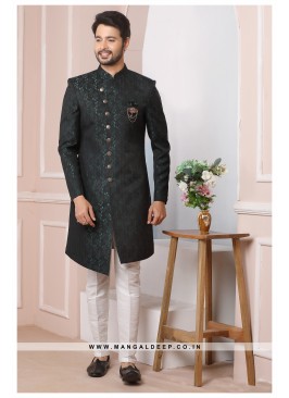 Green & Black Jacquard Silk Wedding Wear Indo Western Sherwani