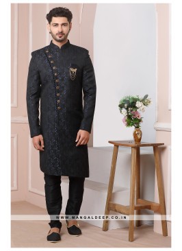 Navy Blue Jacquard Silk Wedding Wear Indo Western Sherwani