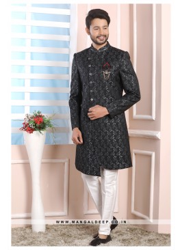 Grey & Black Jacquard Silk Wedding Wear Indo Western Sherwani