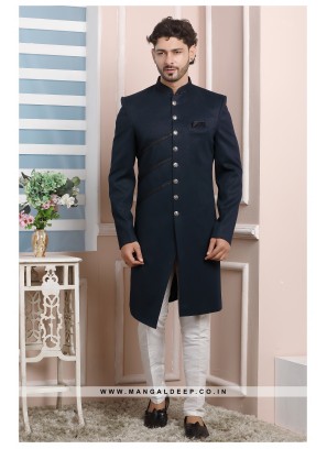 Blue Jacquard Silk Wedding Wear Indo Western Sherwani