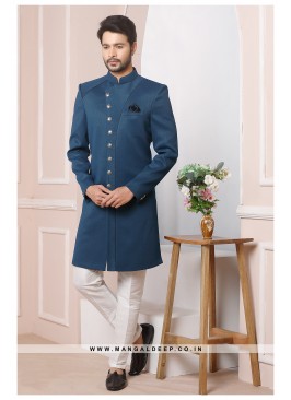 Blue Jacquard Silk Wedding Wear Indo Western Sherwani