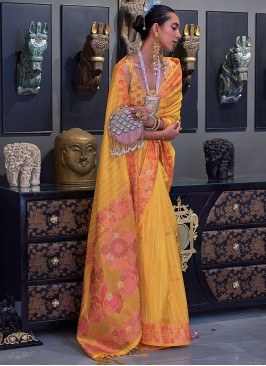 Yellow Mehndi Organza Trendy Saree