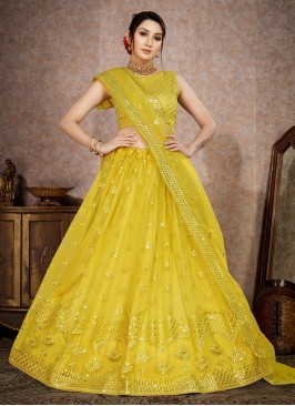 Yellow Net Reception Trendy Lehenga Choli