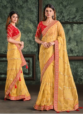 Yellow Net Resham Designer Bridal Sarees