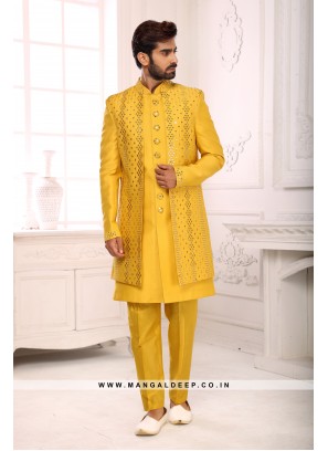 Yellow Opulent Ornaments  Mirror Work Jacket Style Sherwani