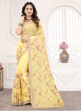 Yellow Organza Embroidered Traditional Saree