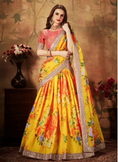 Yellow Organza Floral Print Trendy A Line Lehenga 