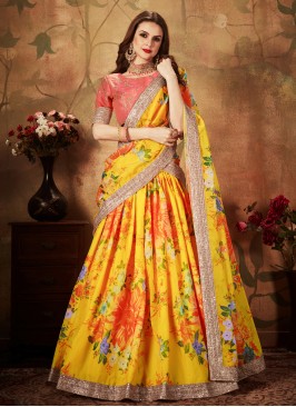 Yellow Organza Floral Print Trendy A Line Lehenga Choli