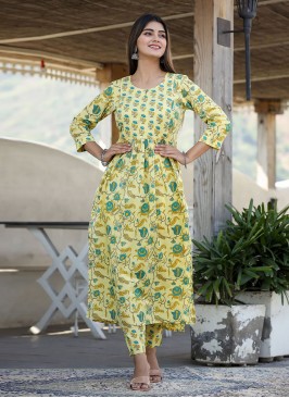 Yellow Printed Designer Kurti