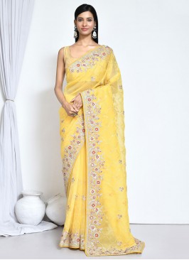 Yellow Satin Silk Classic Saree