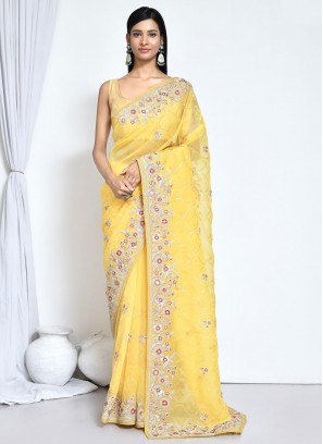 Yellow Satin Silk Classic Saree