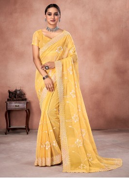 Yellow Sequins Ceremonial Trendy Saree