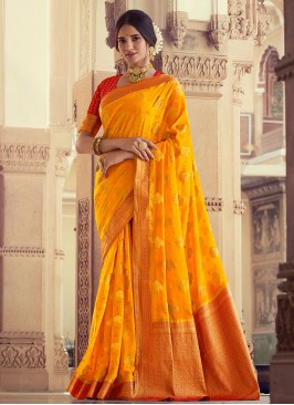 Yellow Silk Engagement Classic Saree